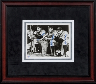 Joe DiMaggio, Tom Henrich, and Bill Dickey Multi-Signed B&W Framed 8 x 10 Photograph (PSA/DNA)